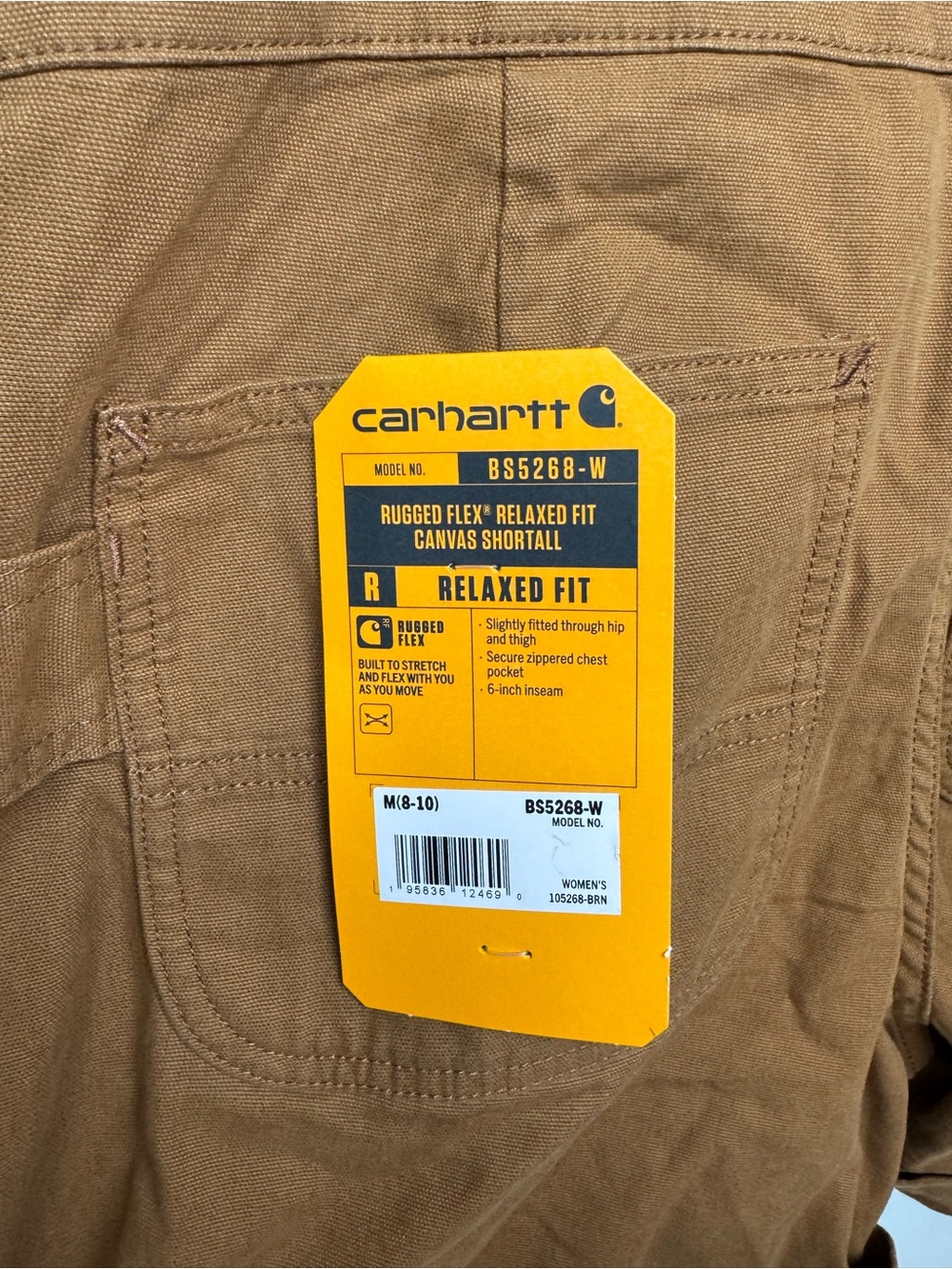 New Carhartt Women’s Tan Rugged Flex Relaxed Fit Canvas Shortall Overalls Medium - Picture 8 of 10